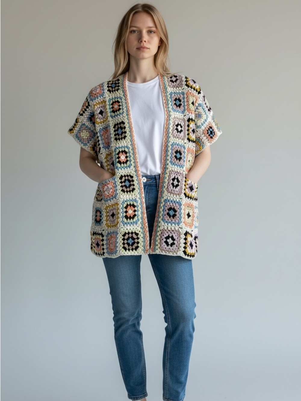 By Together  Crochet Granny Square Cardigan Pastel Multicolor One Size New